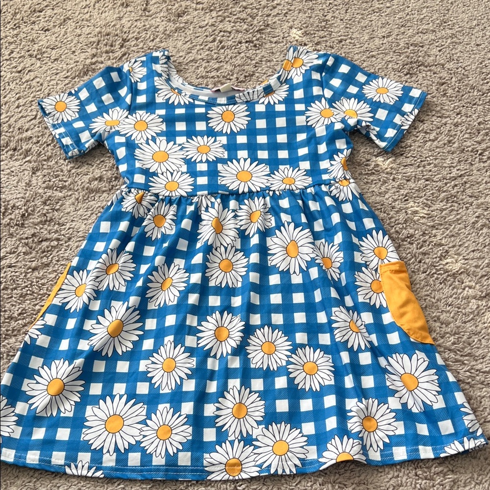 Clover Cottage Apparel Blue White Sunflower Pocket Dress